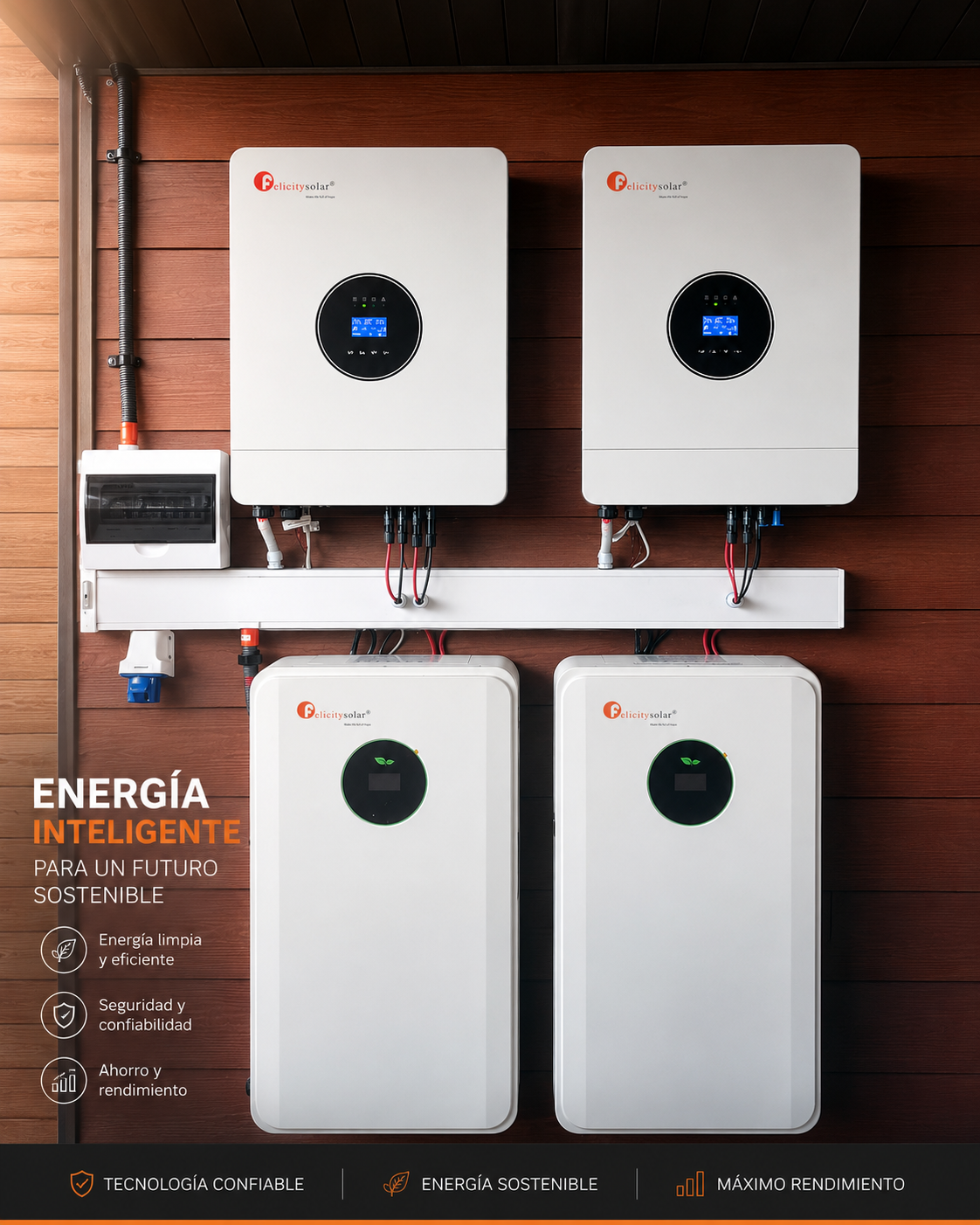 Inversores híbridos y baterías de litio instalados en muro